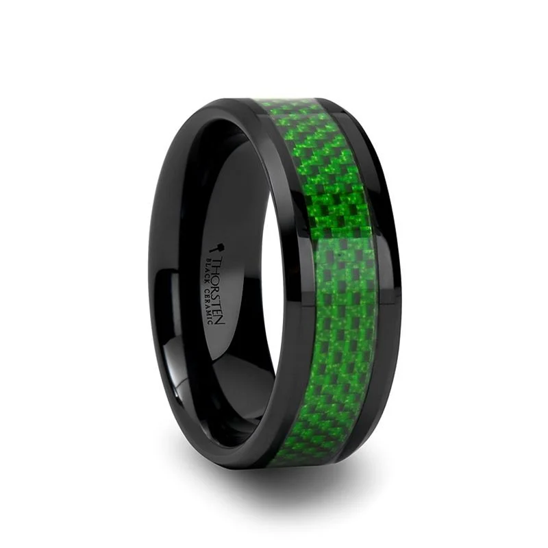 vintage diamond rings for women-MATLAL | Black Ceramic Ring, Green Carbon Fiber Inlay, Beveled