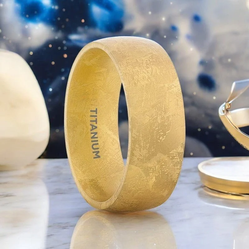 personalized rings for women-MYSTIC | Gold Titanium Ring, Meteorite Pattern, Domed