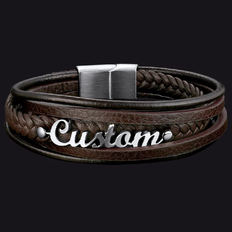 beaded bangles for women-Custom Clasp Braided Leather Wristband Bracelet for Men Son Lover