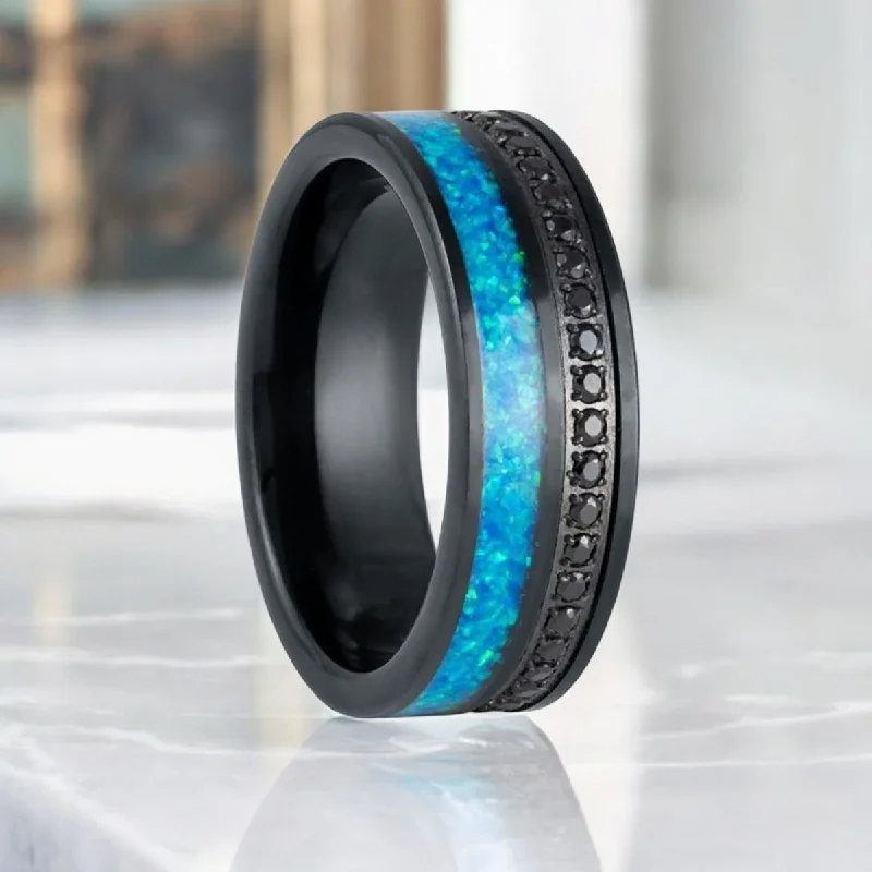 custom rings for women-AQUORION | Black Tungsten Ring, Black Diamond Stimulated CZ, Blue Opal Inlay