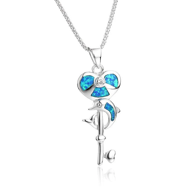 silver choker necklaces for women-Stunning 925 Sterling Fire Blue Heart and Key Opal Dolphin Pendant (Necklace Not Included)