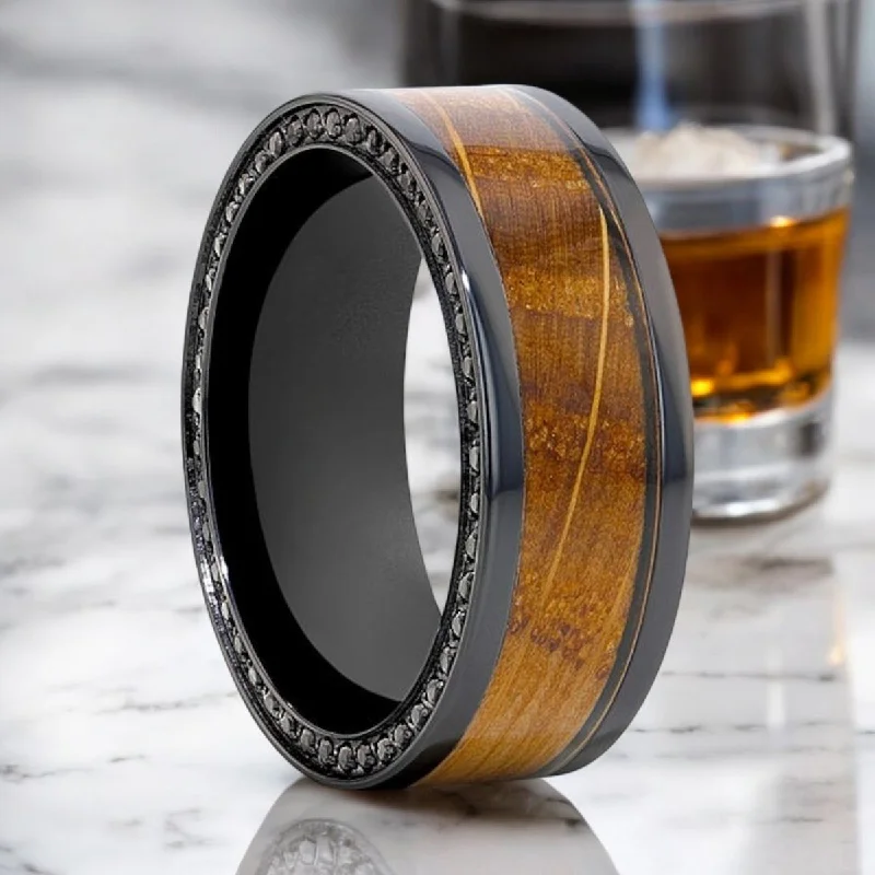 oval gemstone rings for women-BOURBON | Black Zirconium Ring, Whiskey Barrel Wood Inlay, Black Sapphires, Flat