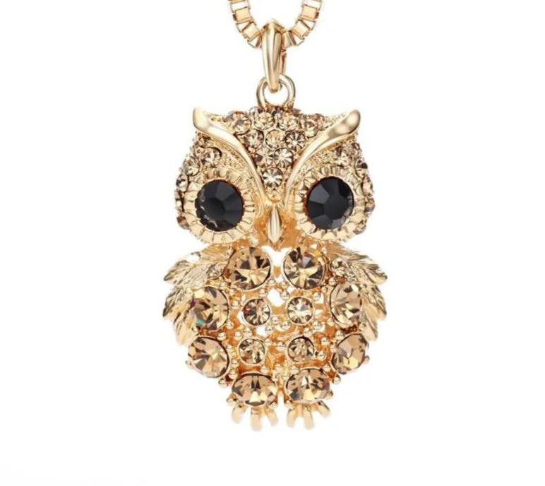 men’s necklaces for women-Intricate Czech Rhinestone Light Yellow Gold Fashion Owl Necklaces for Women