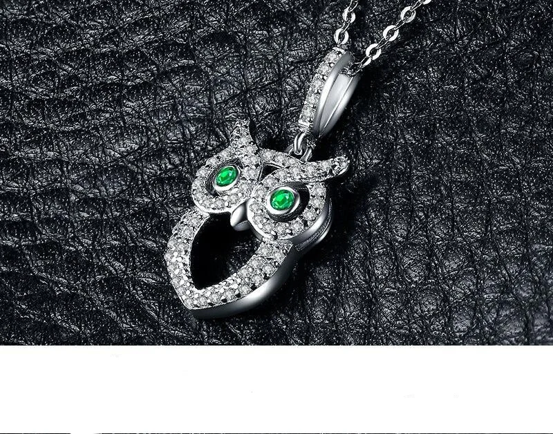 minimalist gold necklaces for women-925 Sterling Silver Green Nano Russian Simulated Emerald Owl  (Necklace Not Included)