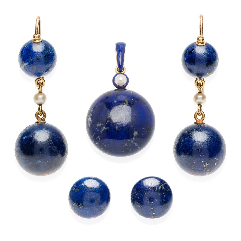 chic earrings for women-Victorian 18kt, Pearl, Enamel + Carved Lapis Lazuli Earrings, Pendant + Button Set