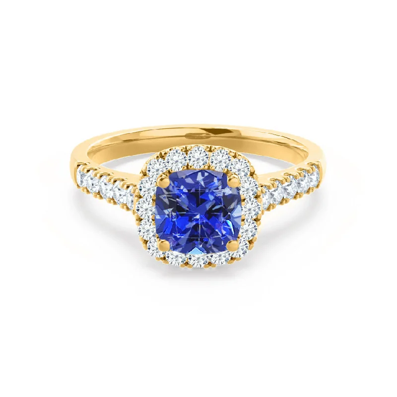 unique wedding engagement rings-OPHELIA - Chatham® Lab Grown Blue Sapphire & Diamond 18K Yellow Gold Halo