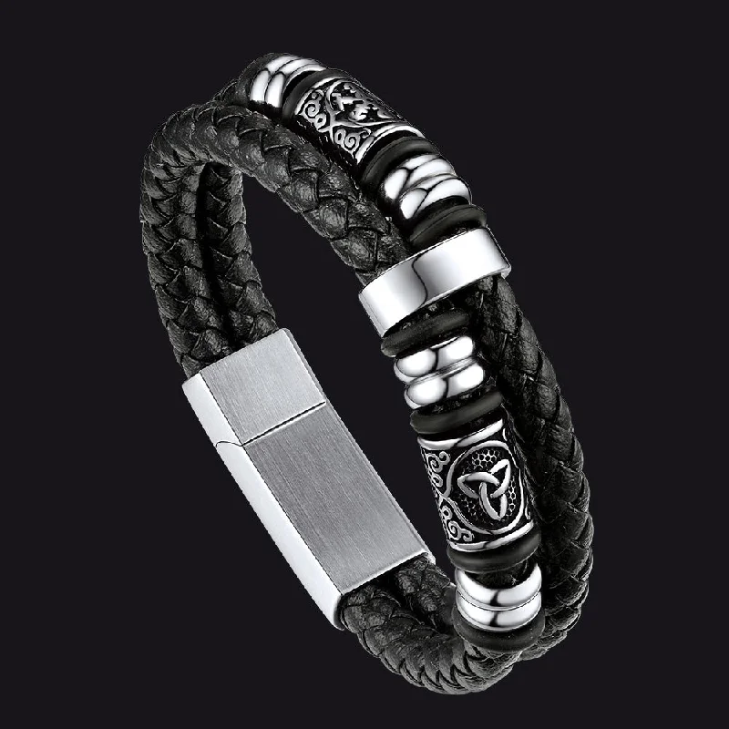 stackable bracelets for women-Viking Black Engraved Leather Braided Wristband Bracelet for Men