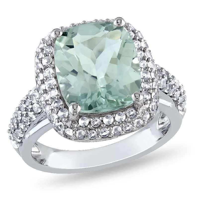 diamond engagement rings with colored stones-Mimi & Max 6ct TGW Cushion Cut Green Quartz and Created White Sapphire Double Halo Ring in Sterling Silver