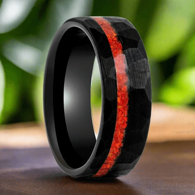 adjustable gemstone rings-CRIMSONITE | Black Tungsten Ring, Hammered, Orange Opal Inlay, Flat