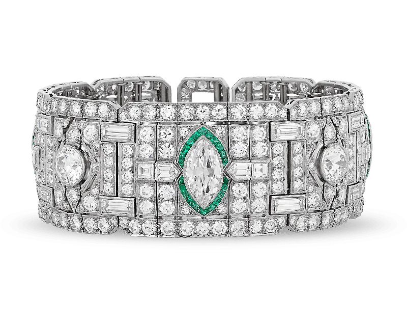 beaded bangles for women-Art Deco Diamond and Emerald Bracelet