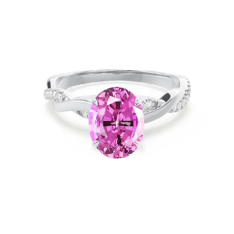 opal engagement rings-EDEN - Chatham® Oval Pink Sapphire & Diamond 18k White Gold Vine Solitaire Ring