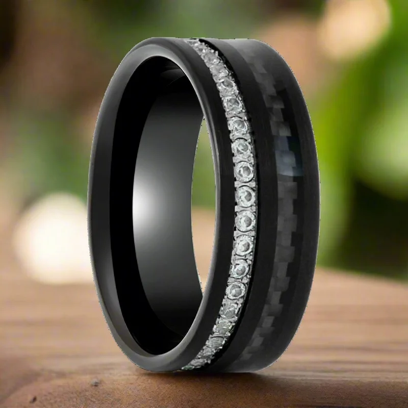 diamond cocktail rings for women-REACTOR | Black Tungsten Ring, Black Carbon Fiber and Eternity White CZ Inlay