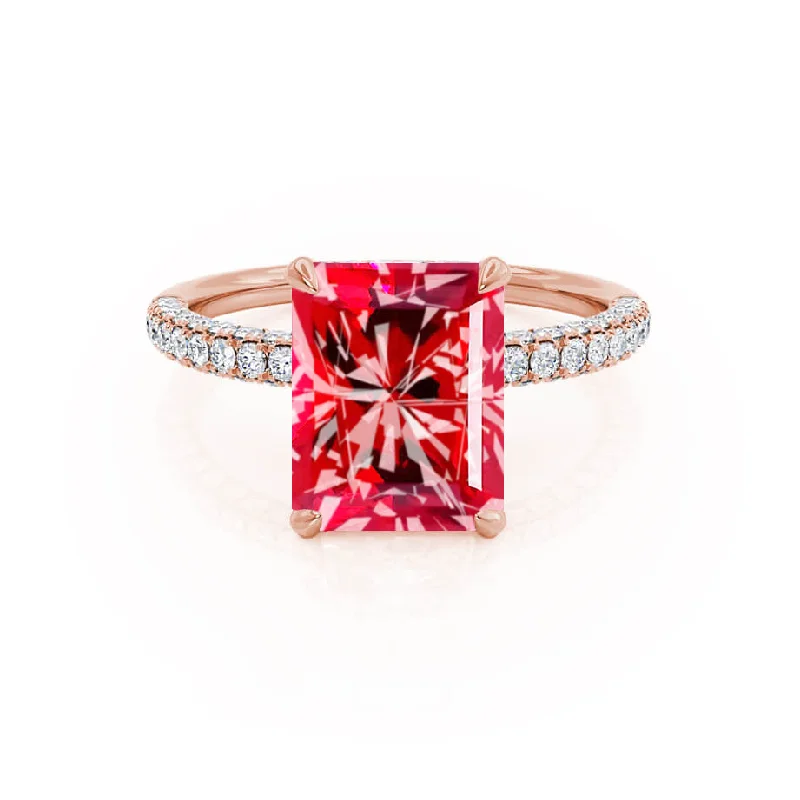 yellow gold engagement rings-COCO - Chatham® Radiant Ruby & Diamond 18k Rose Gold Petite Hidden Halo Triple Pavé Shoulder Set Ring