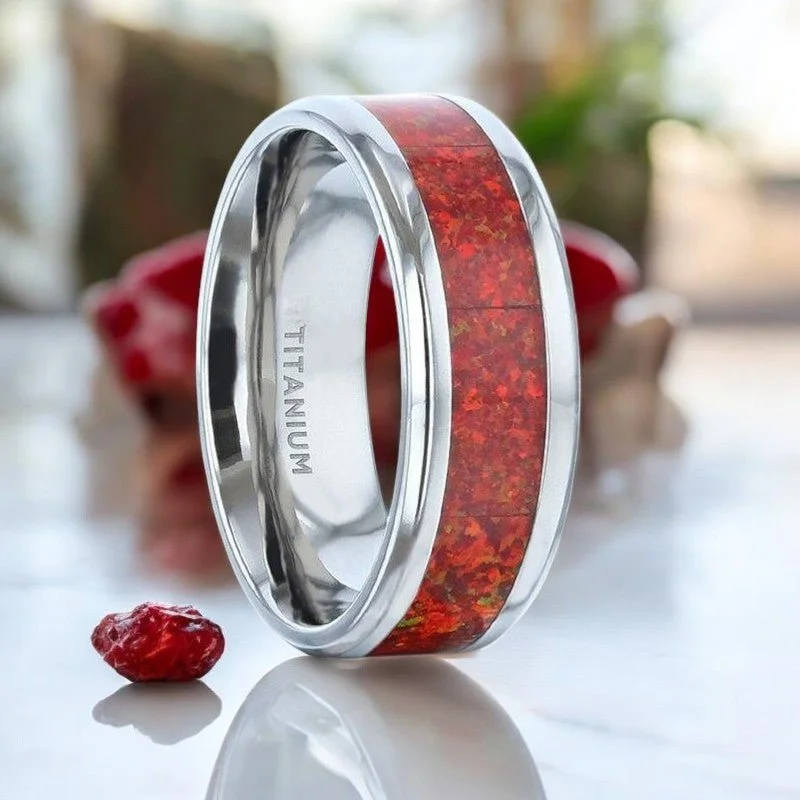 wedding rings for women-CASSIOPEIA | Silver Titanium Ring, Red Opal Inlay, Beveled