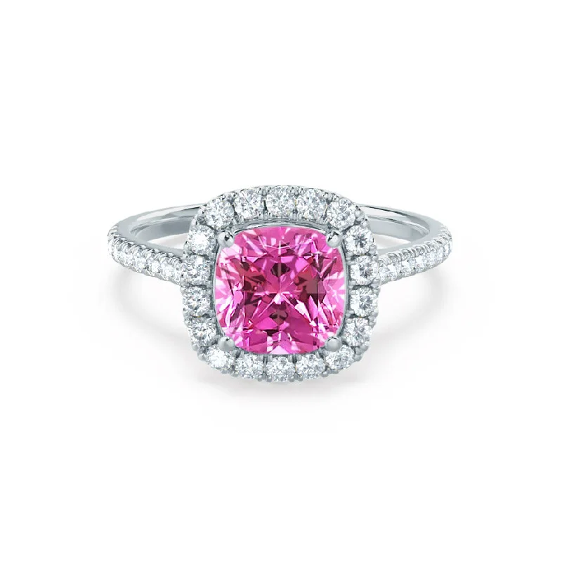 platinum engagement rings-VIOLETTE - Chatham® Cushion Pink Sapphire & Diamond 950 Platinum Petite Halo Ring