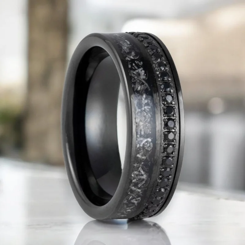 cocktail rings for women-TITANOIR | Black Tungsten Ring, Black Diamond Stimulated CZ, Titanium Shavings Inlay