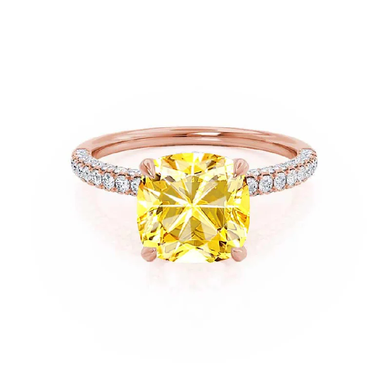 unique engagement rings-COCO - Chatham® Cushion Yellow Sapphire & Diamond 18k Rose Gold Hidden Halo Triple Pavé Shoulder Set