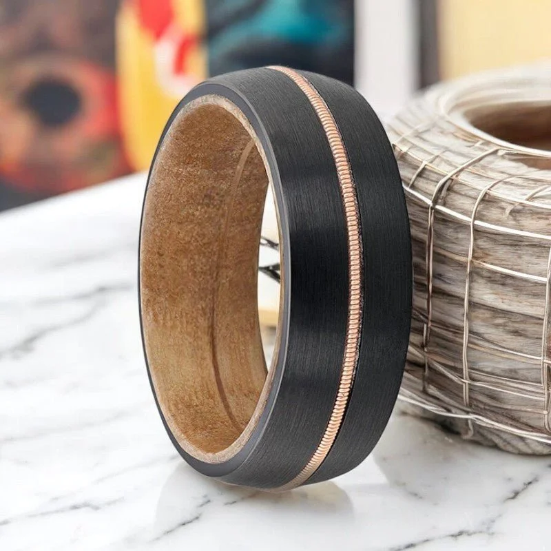 bold rings for women-CHORDAL | Black Tungsten Ring, Brass Guitar String, Whiskey Barrel Wood, Domed