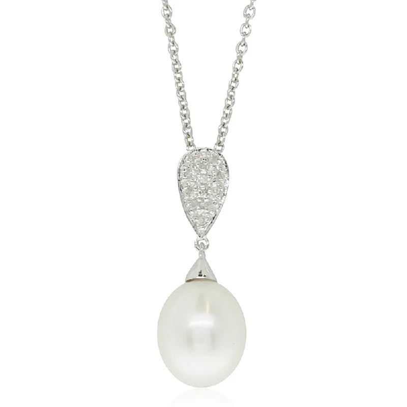 chakra necklaces for women-9ct White Gold Pearl & Diamond Pendant