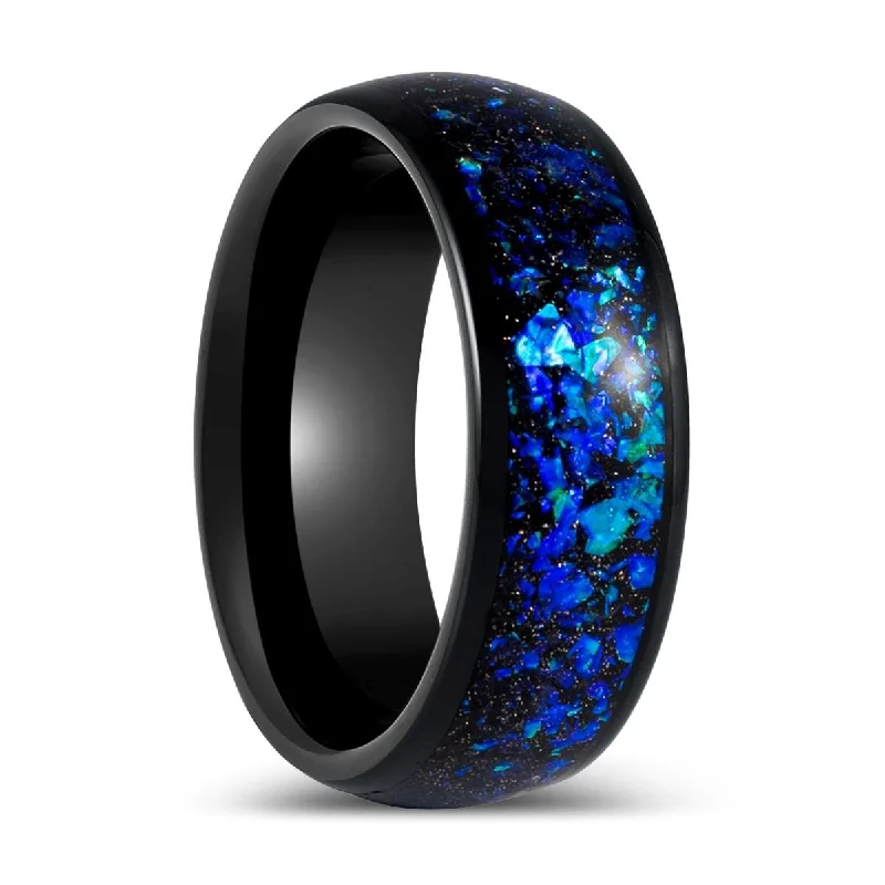 silver solitaire rings for women-THANOS | Black Tungsten Ring Blue Opal and Abalone Fragments