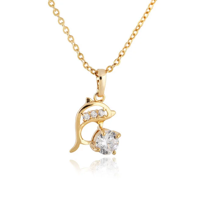 butterfly necklaces for women-Stunning 18 K Gold Plated Round CZ Dolphin Necklace and Pendant