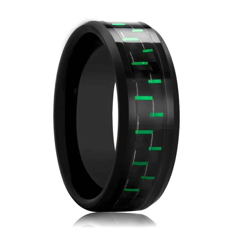 custom wedding rings for women-AMELL | Black Ceramic Ring, Black and Green Carbon Fiber Inlay, Beveled