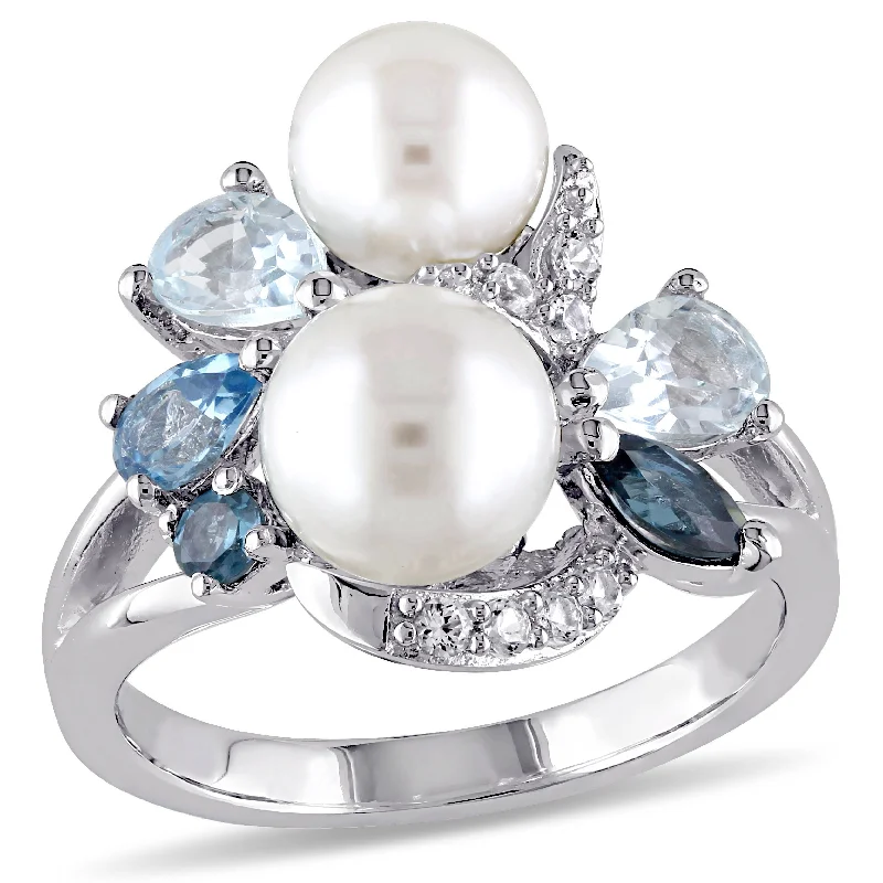 round diamond engagement rings-Mimi & Max London Swiss Sky Blue Topaz Created White Sapphire Cultured Freshwater Pearl Ring in Sterling Silver