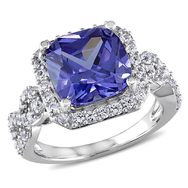 wedding engagement ring sets-Mimi & Max 6 3/4ct TGW Cushion-Cut Simulated Tanzanite and Created White Sapphire Halo Ring in Sterling Silver