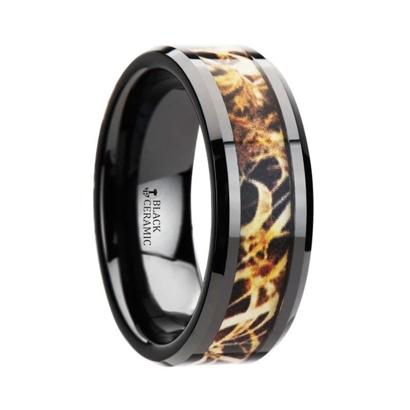 bold rings for women-TUNDRA | Black Ceramic, Leaves Grassland Camo Inlay, Beveled