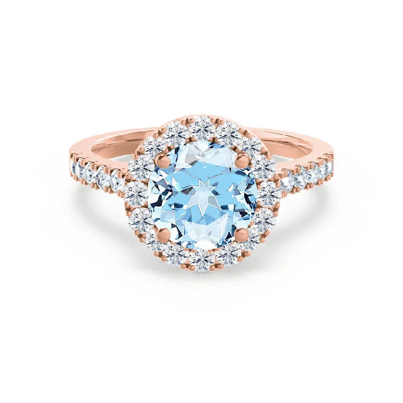 vintage wedding engagement rings-CECILY - Chatham® Lab Grown Aqua Spinel & Diamond 18k Rose Gold Halo Ring