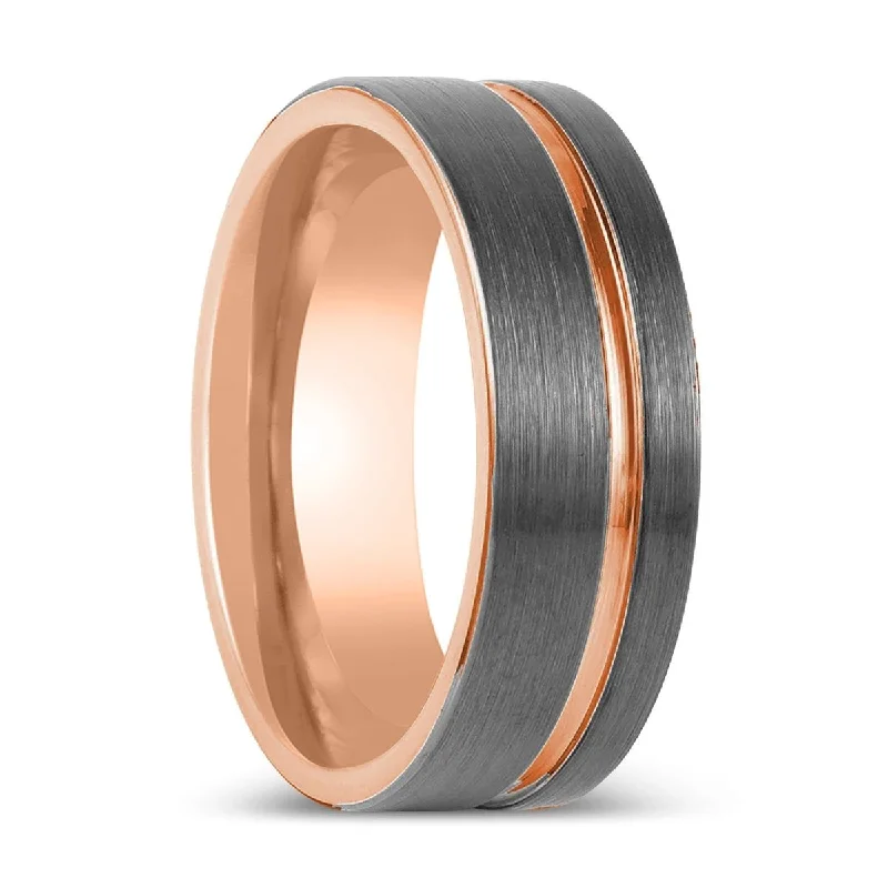 pearl wedding rings for women-KORAI | Gun Metal Tungsten Ring, Rose Gold Inside, Offset Rose Groove, Flat