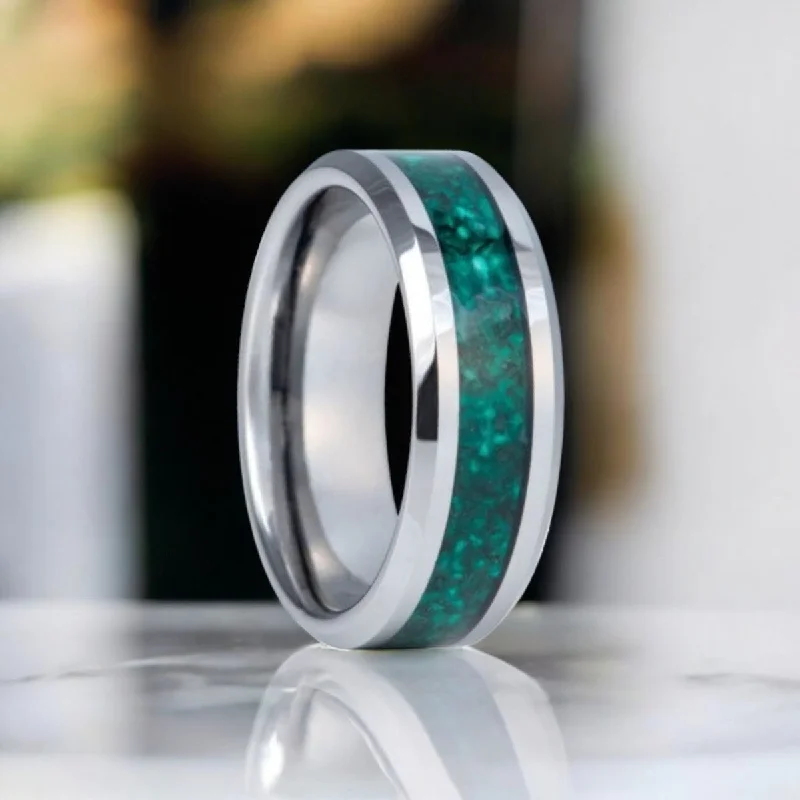 unique rings for women-VERDORA | Silver Tungsten Ring, Green Agate Inlay, Beveled