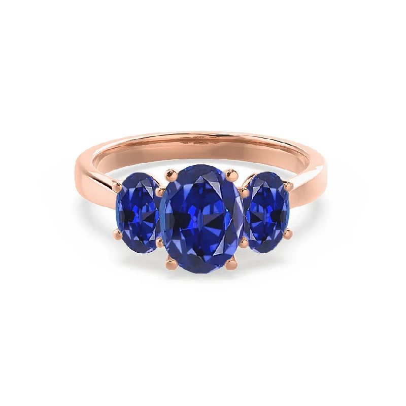 elegant gold engagement rings-EVERDEEN - Chatham® Oval Blue Sapphire 18k Rose Gold Trilogy Ring