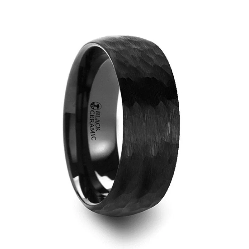 custom birthstone rings for women-RAGNAROK | Black Ceramic Ring Domed Hammer Finish