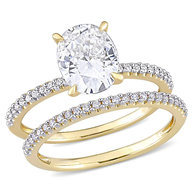 custom engagement ring designs-Mimi & Max 2ct DEW Oval Created Moissanite and 1/4ct TW Diamond Bridal Ring Set in 14k Yellow Gold