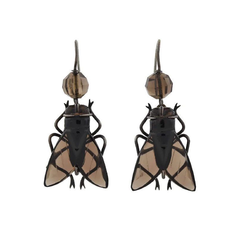 dangle earrings for women-Victorian Sterling Carved Smoky Topaz Flying Insect Earrings