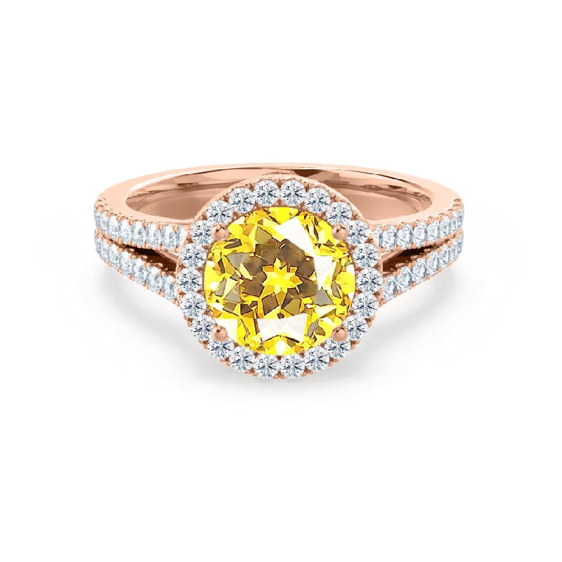 bold gemstone engagement rings-AMELIA - Chatham® Lab Grown Yellow Sapphire & Diamond 18k Rose Gold Halo Ring