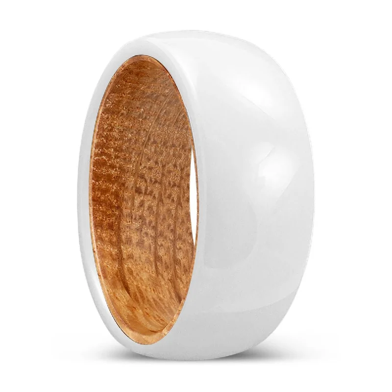 simple gold rings for women-THRIVE | Whiskey Barrel Wood, White Ceramic Ring, Domed