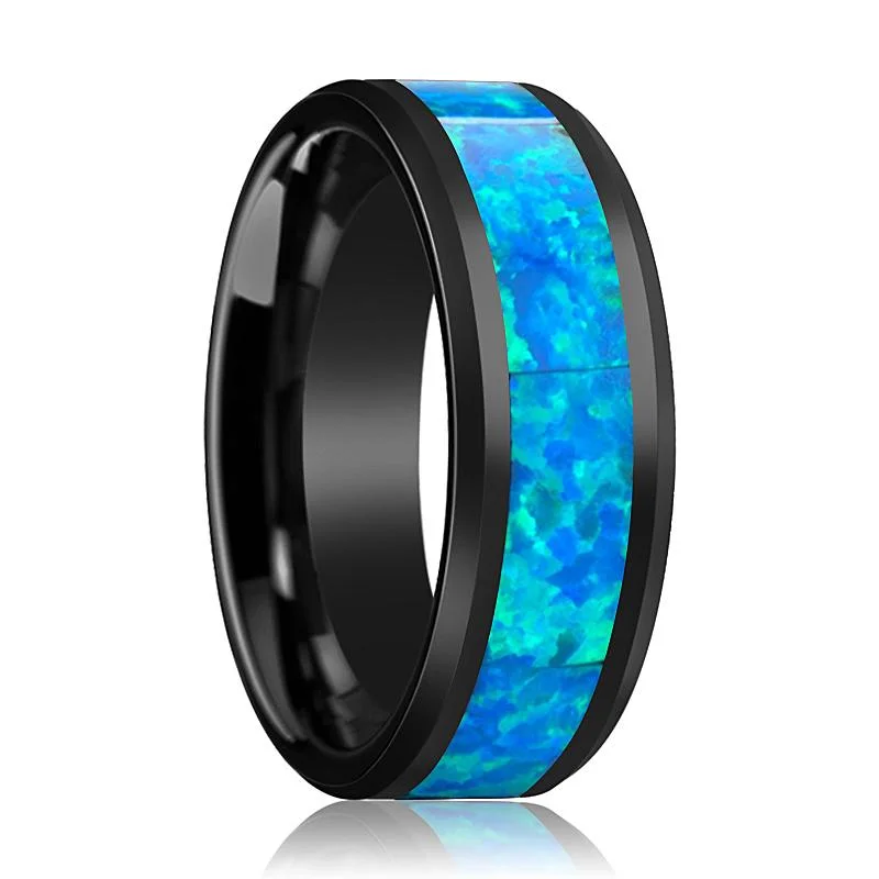 sterling silver rings for women-QUANTUM | Black Ceramic Ring, Blue & Green Opal Inlay, Beveled