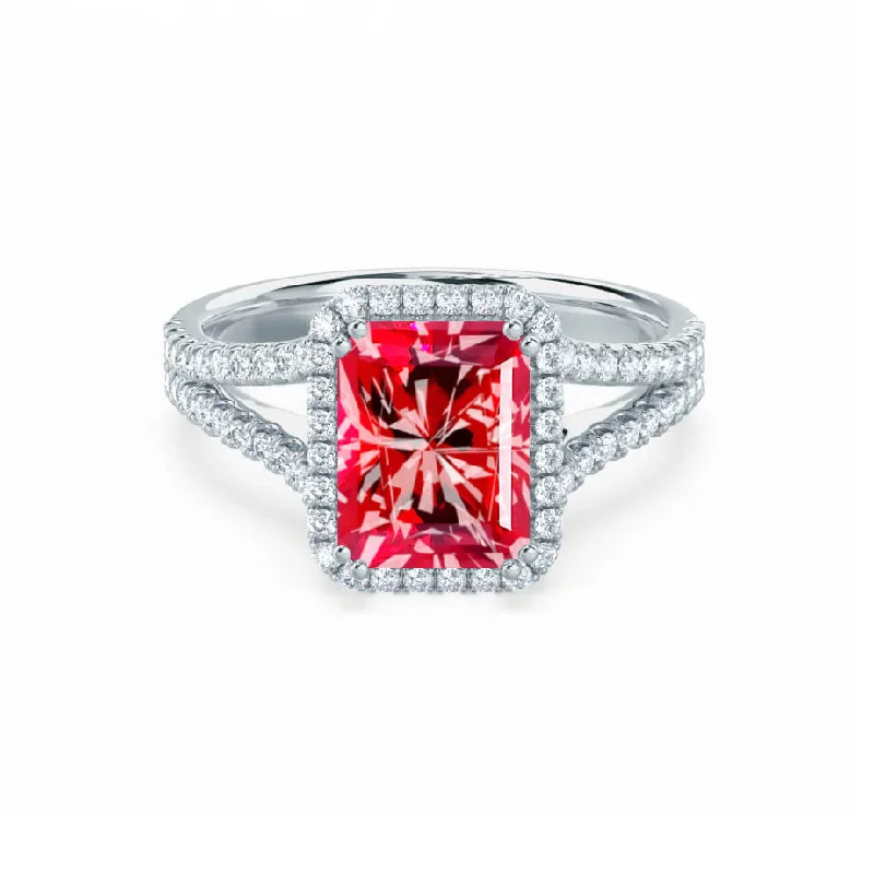 solitaire engagement rings-EVERLY - Chatham® Radiant Ruby & Diamond 950 Platinum Split Shank Halo Ring