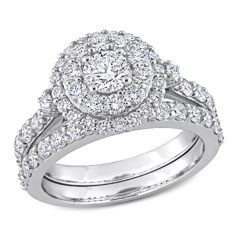 gold engagement rings-Created Forever 1 3/4ct TW Lab-Grown Diamond Double Halo Bridal Ring Set in 14k White Gold