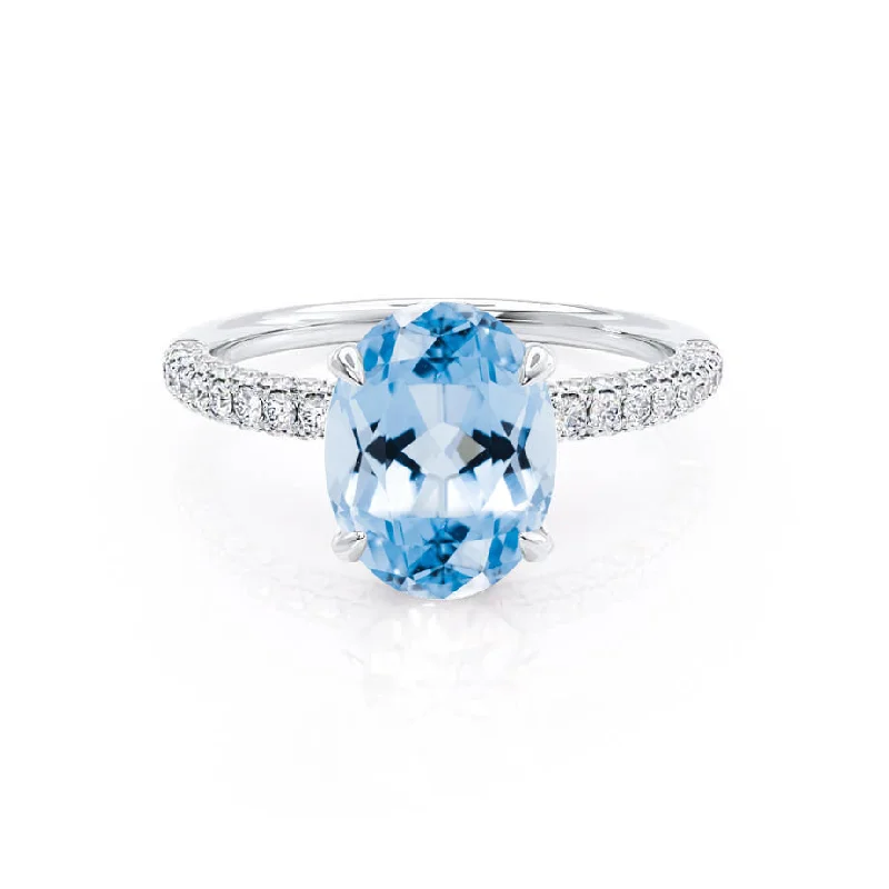 elegant engagement rings-COCO - Chatham® Oval Aqua Spinel & Diamond 950 Platinum Petite Hidden Halo Triple Pavé Shoulder Set Ring