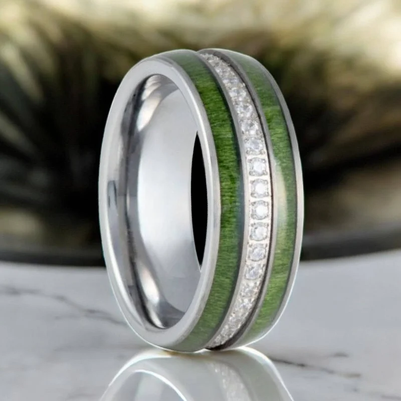 silver wedding rings for women-ZENTARA | Silver Tungsten Ring, Diamond Stimulant CZ, Jade Wood Inlay