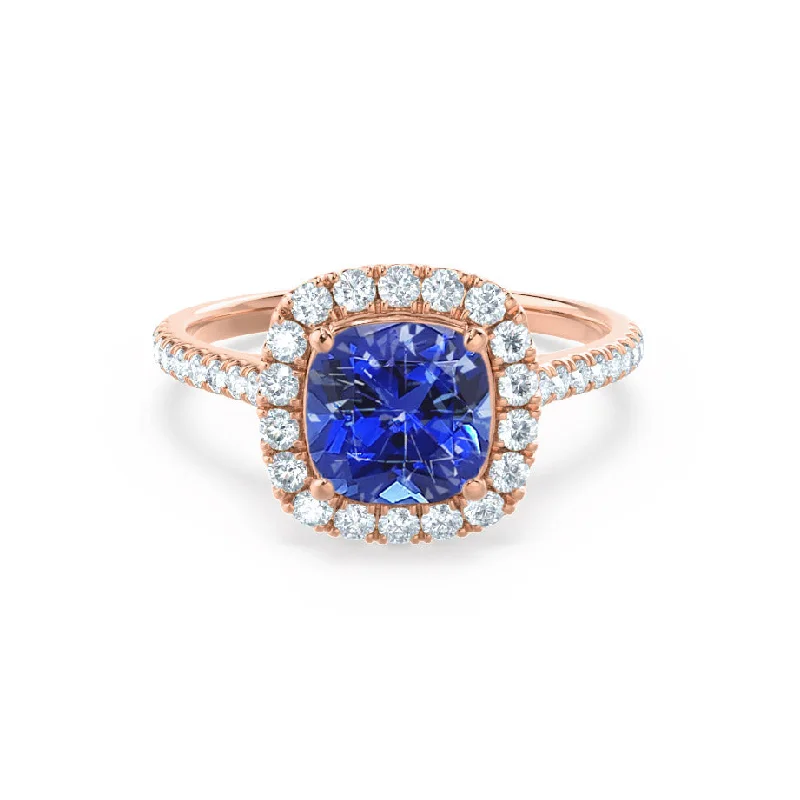 unique engagement rings-VIOLETTE - Chatham® Cushion Blue Sapphire & Diamond 18k Rose Gold Petite Halo Ring