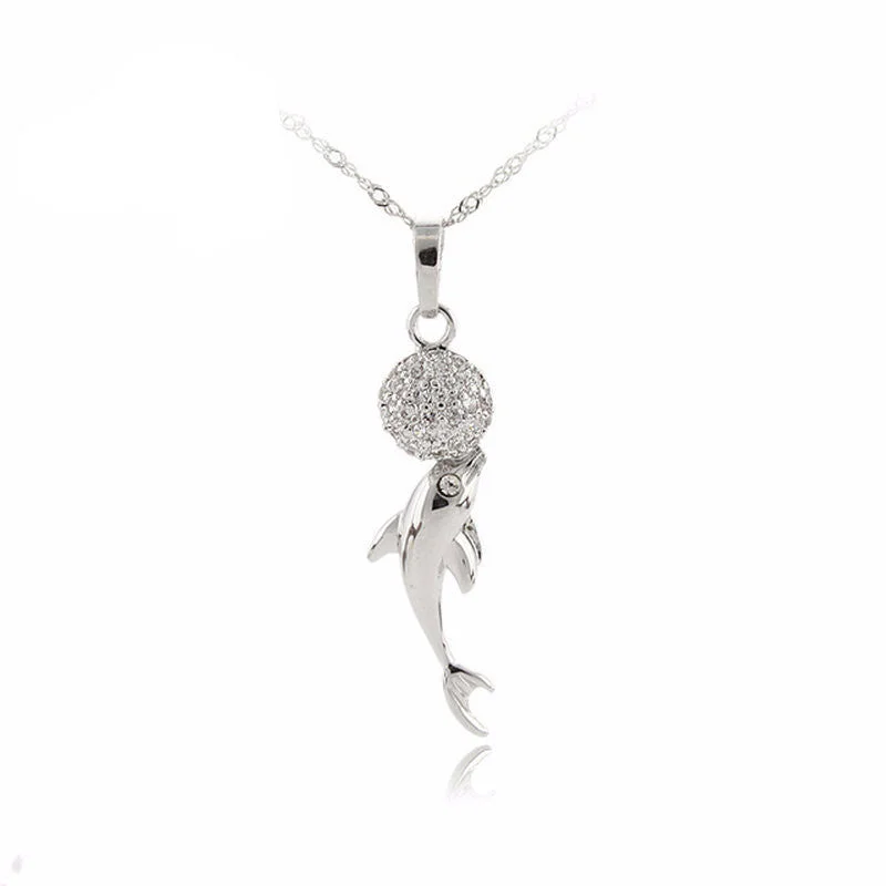 infinity loop necklaces for women-Stunning White Gold Plated Cubic Zircon Ball and Dolphin Necklace