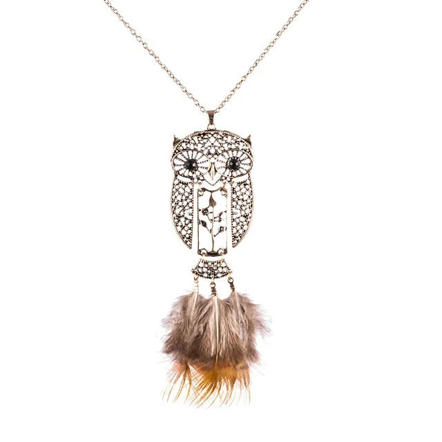 trendy necklaces for women-Unique Bohemian Long Yellow Feather Crystal Owl Necklace and Pendant