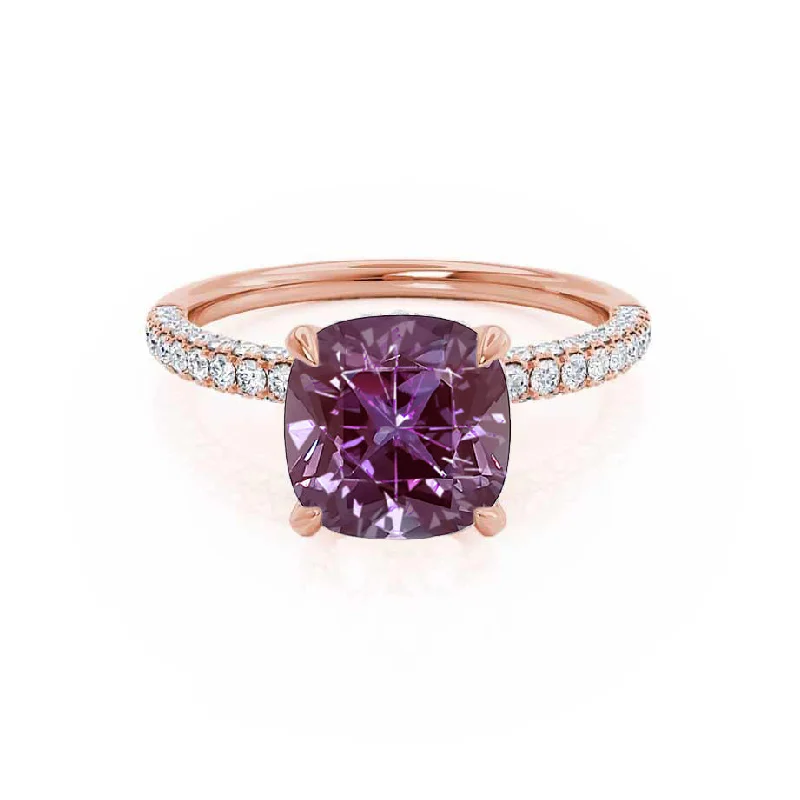 gold engagement rings-COCO - Chatham® Cushion Alexandrite & Diamond 18k Rose Gold Hidden Halo Triple Pavé Shoulder Set