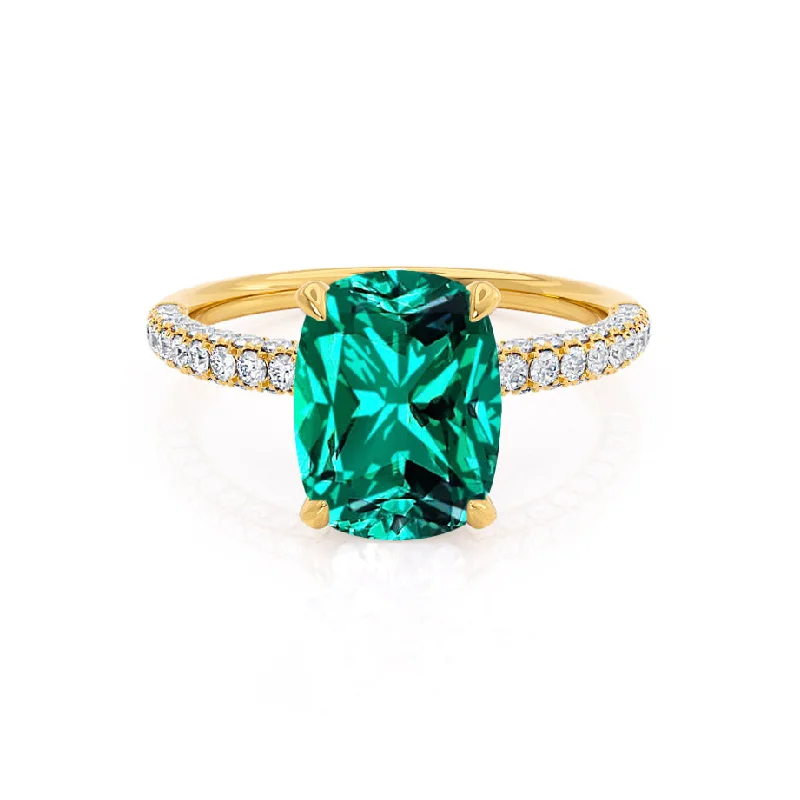 princess-cut sapphire engagement rings-COCO - Chatham® Elongated Cushion Cut Emerald 18k Yellow Gold Petite Hidden Halo Triple Pavé