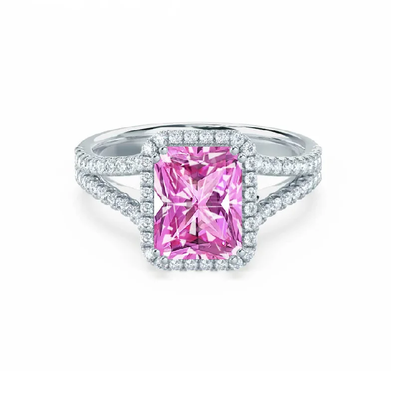 three-stone engagement rings-EVERLY - Chatham® Radiant Pink Sapphire & Diamond 950 Platinum Split Shank Halo Ring