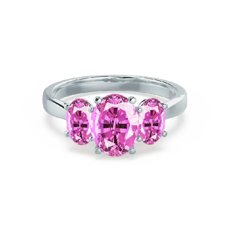 wedding band sets with engagement rings-EVERDEEN - Chatham® Oval Pink Sapphire 18k White Gold Trilogy Ring